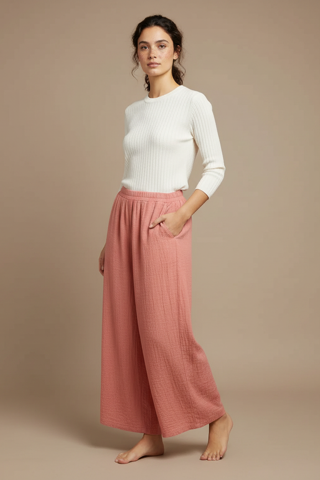 Pantalon Chinois Rose Plissé Ample Coton Lin