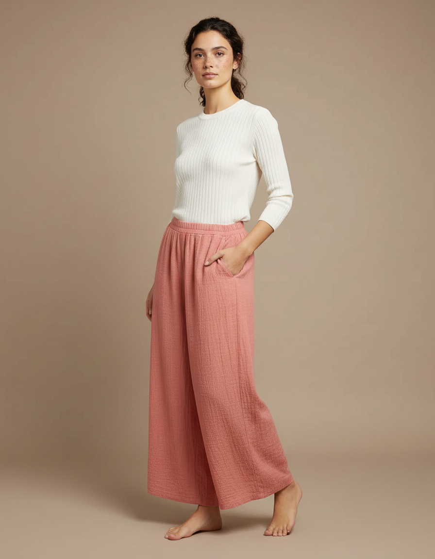Pantalon Chinois Rose Plissé Ample Coton Lin