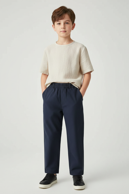 Pantalon Chinois Bleu Marine Lin Ample Garçon Décontracté