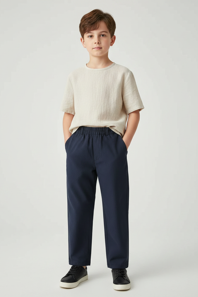 Pantalon Chinois Bleu Marine Lin Ample Garçon Décontracté