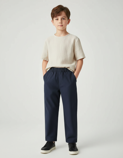 Pantalon Chinois Bleu Marine Lin Ample Garçon Décontracté