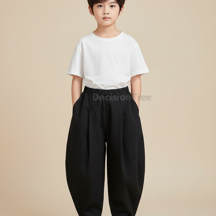 Pantalon Chinois Noir Ample Plissé Décontracté Garçon - Gabardine