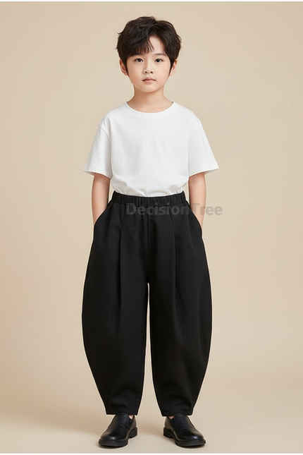 Pantalon Chinois Noir Ample Plissé Décontracté Garçon - Gabardine
