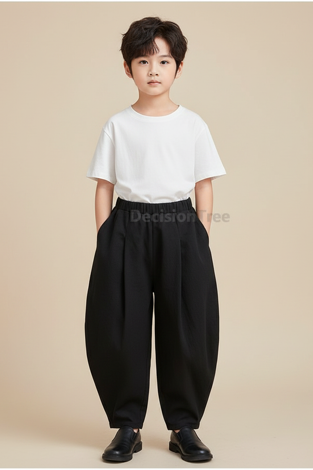 Pantalon Chinois Noir Ample Plissé Décontracté Garçon - Gabardine