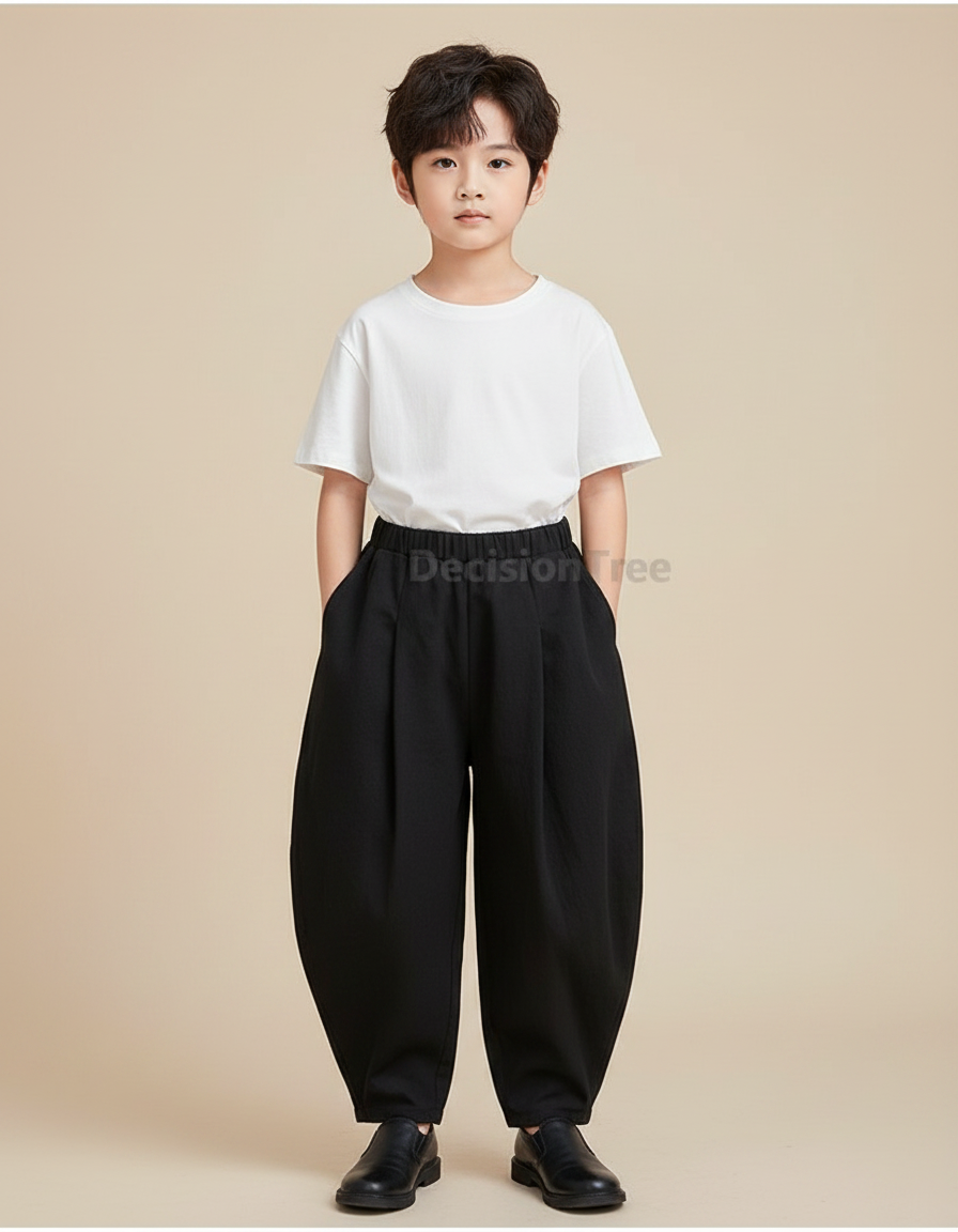 Pantalon Chinois Noir Ample Plissé Décontracté Garçon - Gabardine