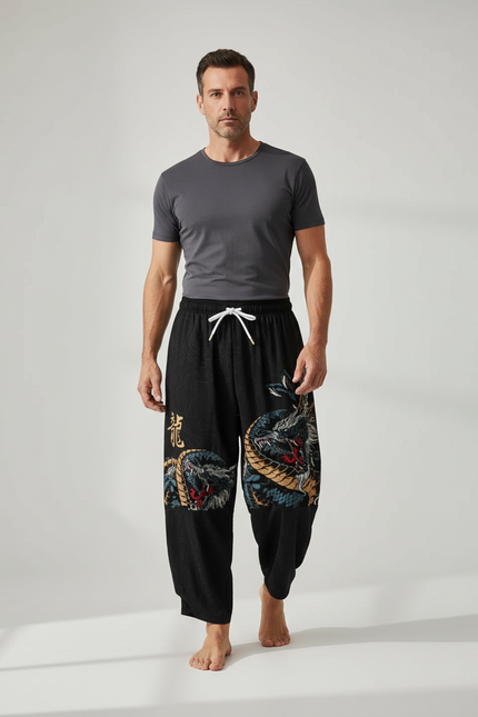 Pantalon Chinois Harem Noir Dragon Décontracté Coton