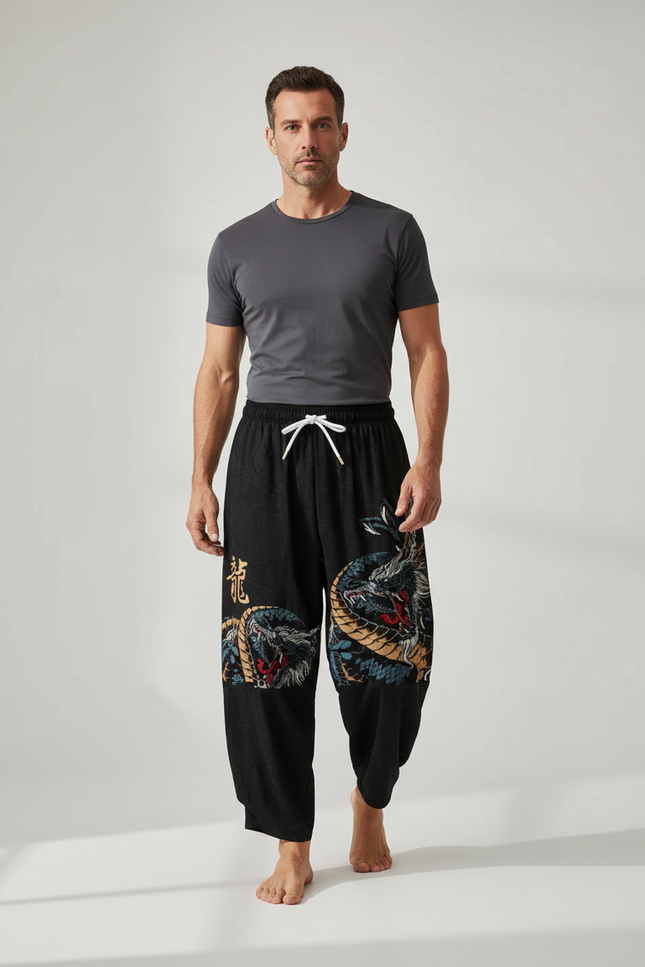 Pantalon Chinois Harem Noir Dragon Décontracté Coton