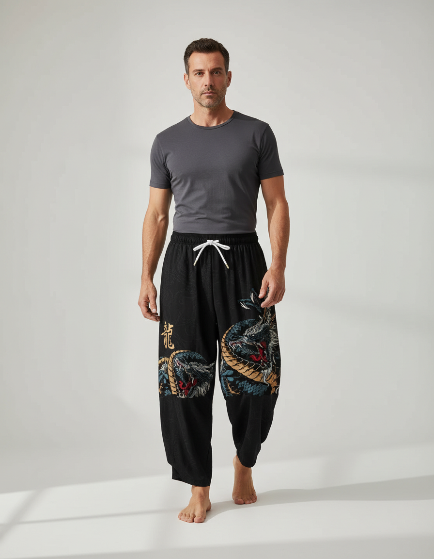 Pantalon Chinois Harem Noir Dragon Décontracté Coton