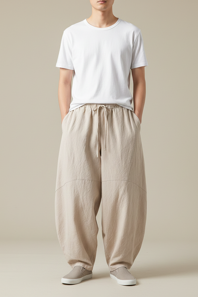 Pantalon Chinois Beige Ample Coton Lin Casual