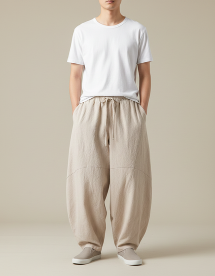 Pantalon Chinois Beige Ample Coton Lin Casual