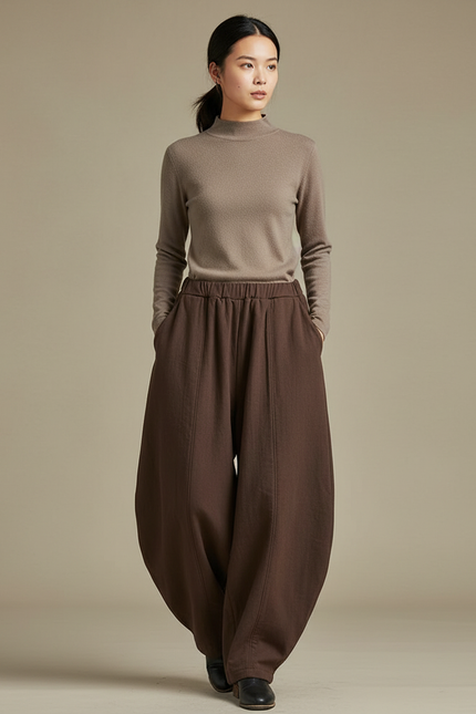 Pantalon Chinois Marron Ample Coton Lantern Femme