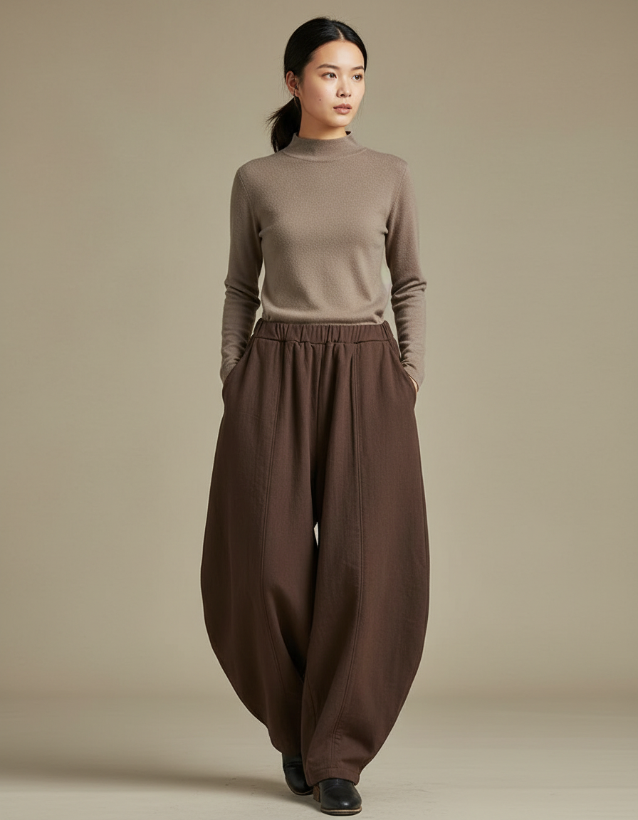 Pantalon Chinois Marron Ample Coton Lantern Femme