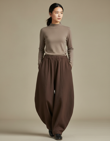 Pantalon Chinois Marron Ample Coton Lantern Femme