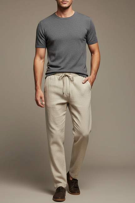 Pantalon Chinois Beige Lin Ample Cordon Décontracté