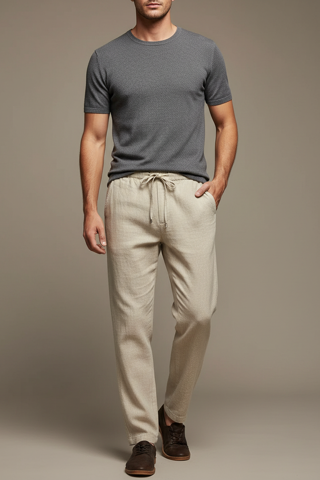 Pantalon Chinois Beige Lin Ample Cordon Décontracté