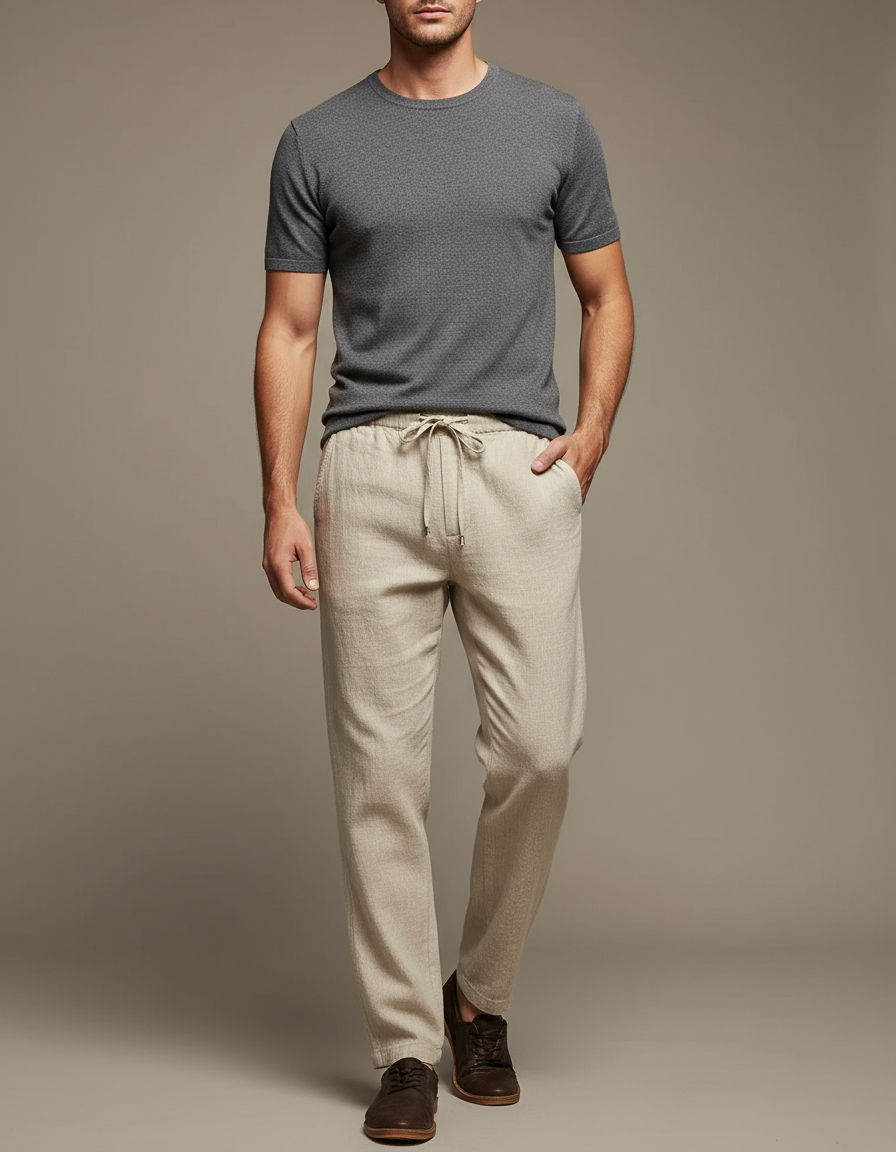 Pantalon Chinois Beige Lin Ample Cordon Décontracté
