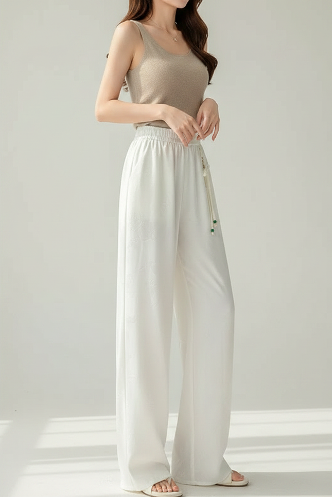 Pantalon Chinois Blanc Jacquard Ample Fluide Décontracté - Viscose
