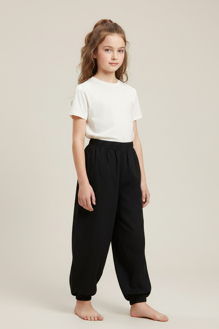 Pantalon Chinois Noir Ample Élastiqué Fille Coton - Molleton