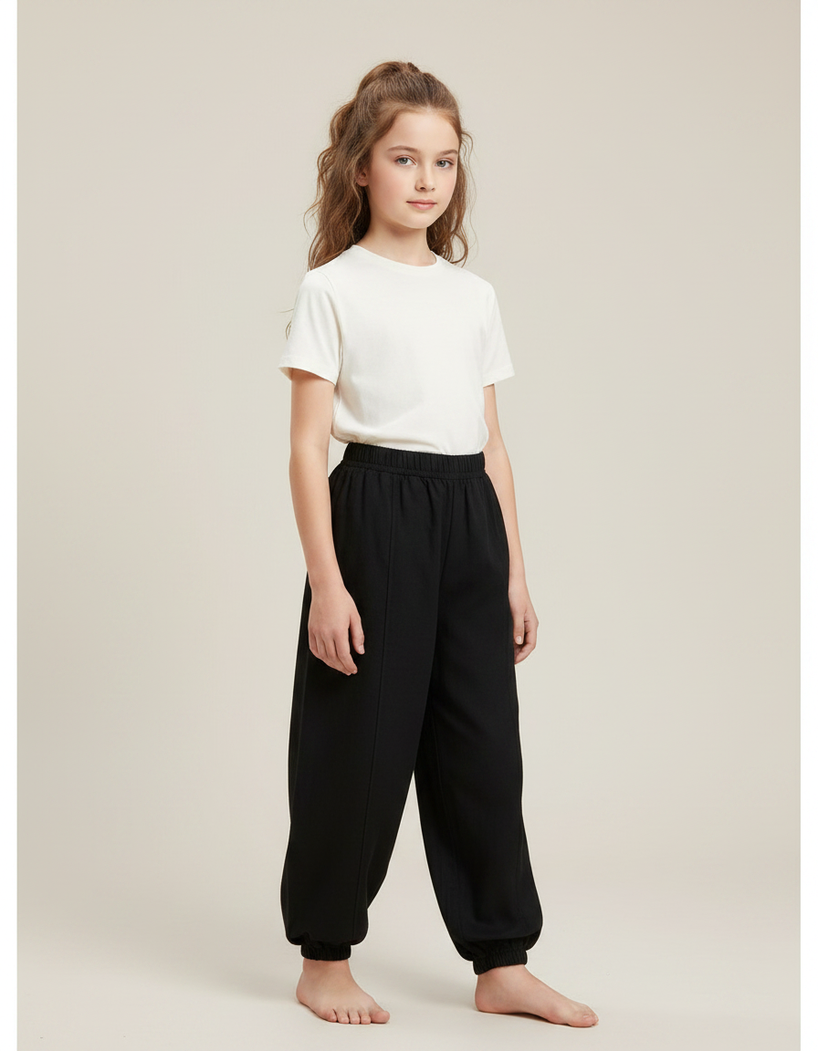 Pantalon Chinois Noir Ample Élastiqué Fille Coton - Molleton