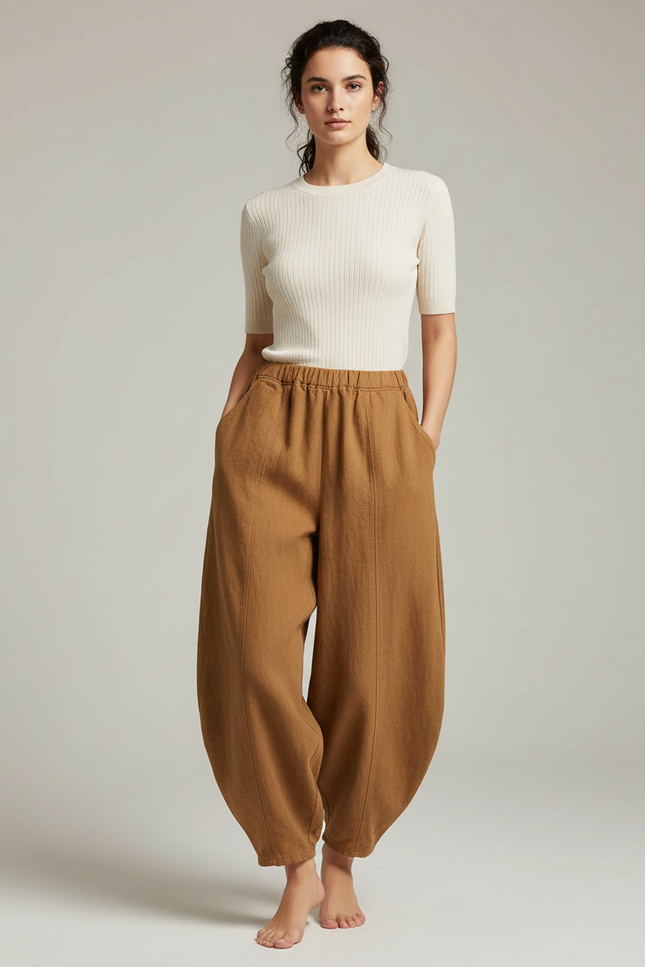 Pantalon Chinois Lin Ample Marron Confortable Élégant