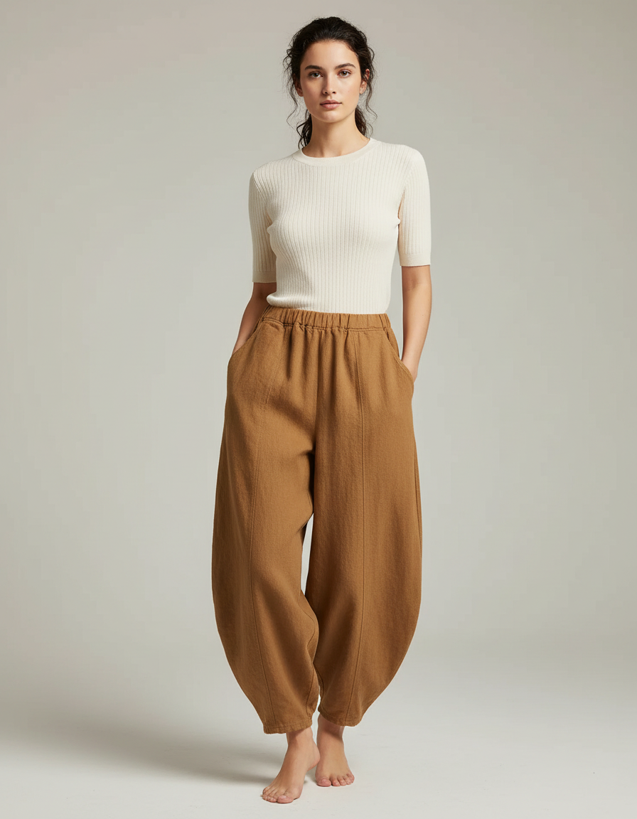 Pantalon Chinois Lin Ample Marron Confortable Élégant