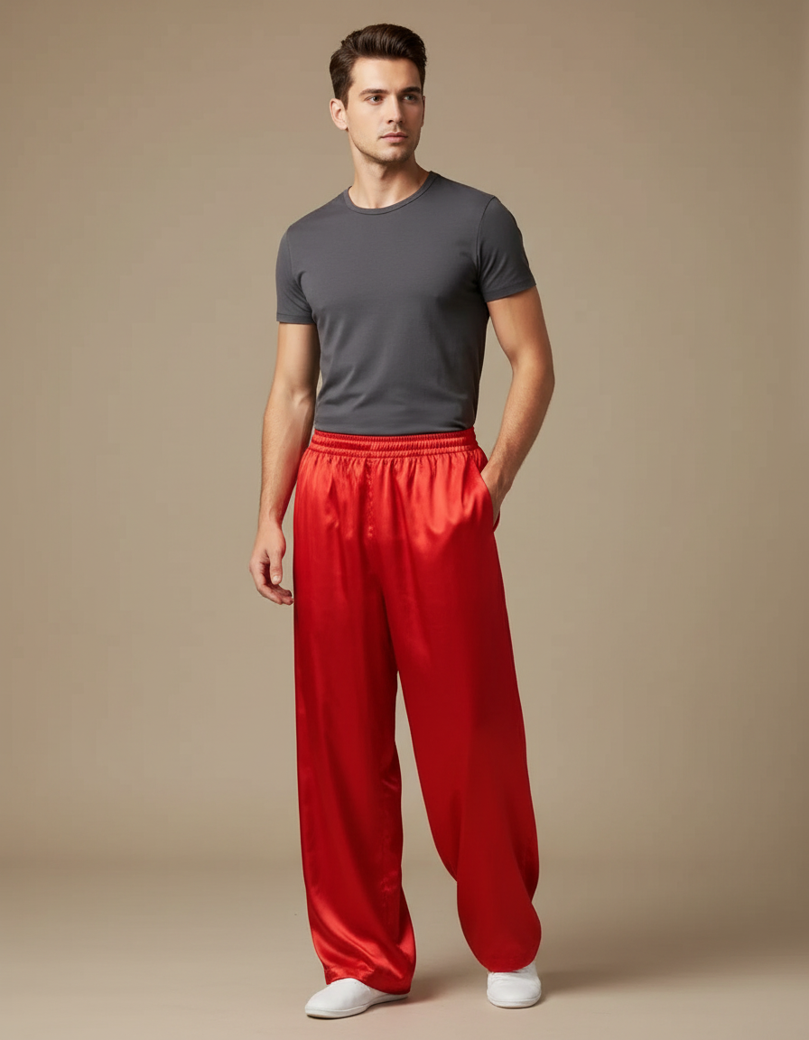 Pantalon Chinois Rouge Satiné Ample Fluide Homme