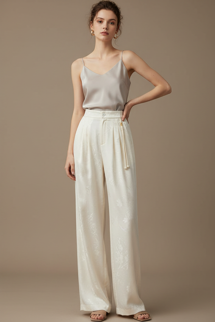 Pantalon Chinois Écru Satin Fluide Imprimé Femme - Beige