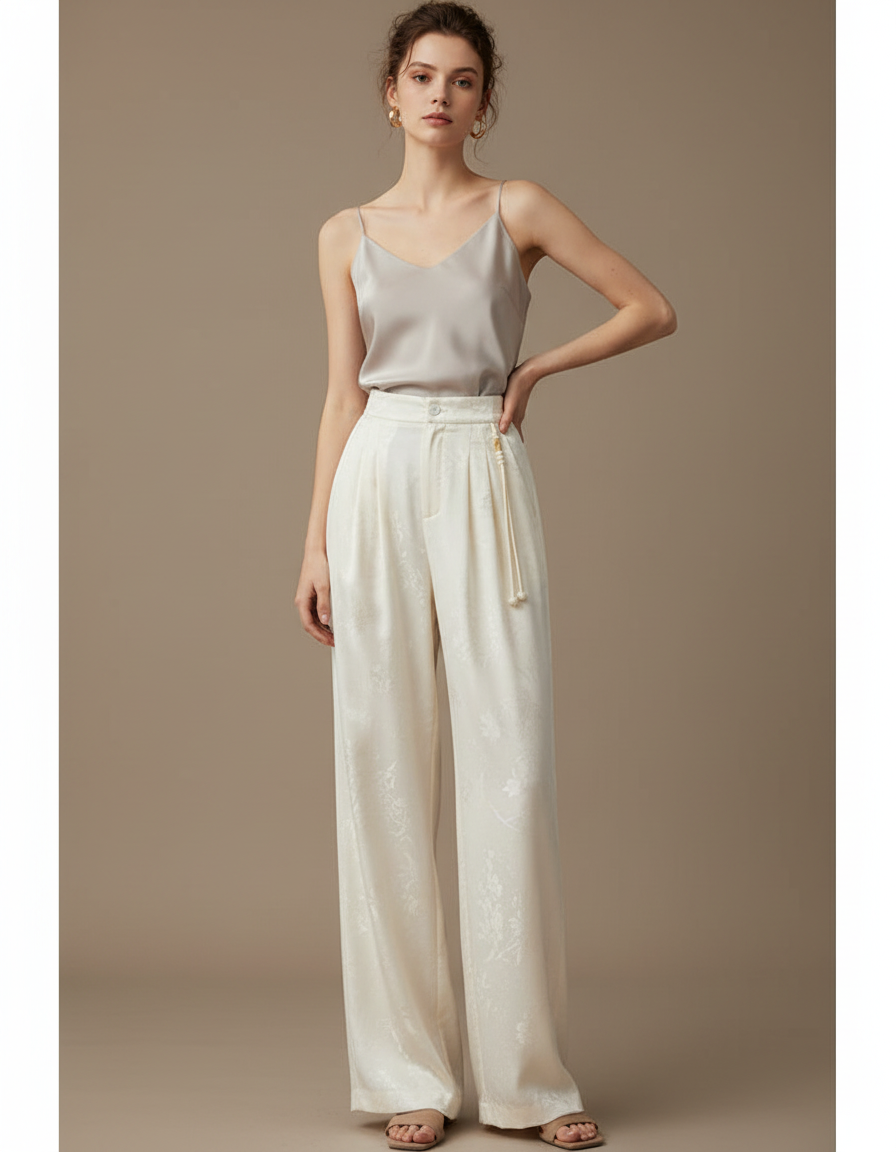 Pantalon Chinois Écru Satin Fluide Imprimé Femme - Beige