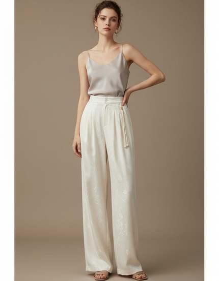 Pantalon Chinois Écru Satin Fluide Imprimé Femme - Beige