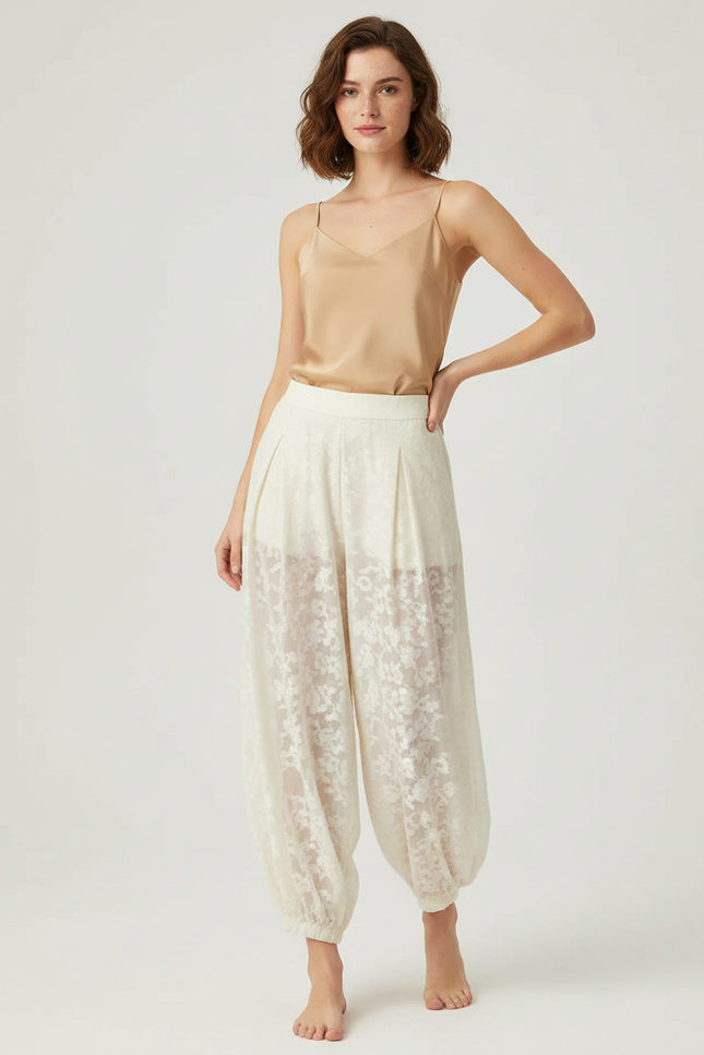 Pantalon Chinois Écru Brodé Floral Transparent Femme - Beige Lin