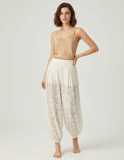 Pantalon Chinois Écru Brodé Floral Transparent Femme - Beige Lin