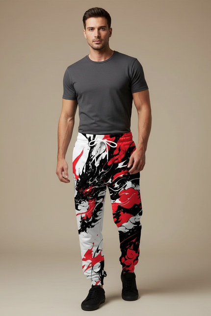 Pantalon Chinois Jogging Dragon Rouge Noir Urbain - Multicolore Molleton