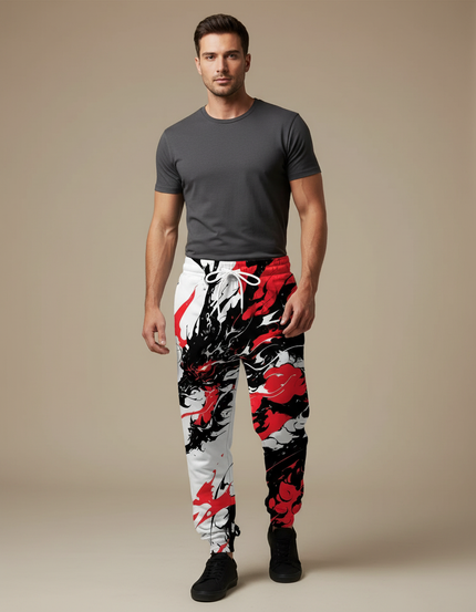 Pantalon Chinois Jogging Dragon Rouge Noir Urbain - Multicolore Molleton