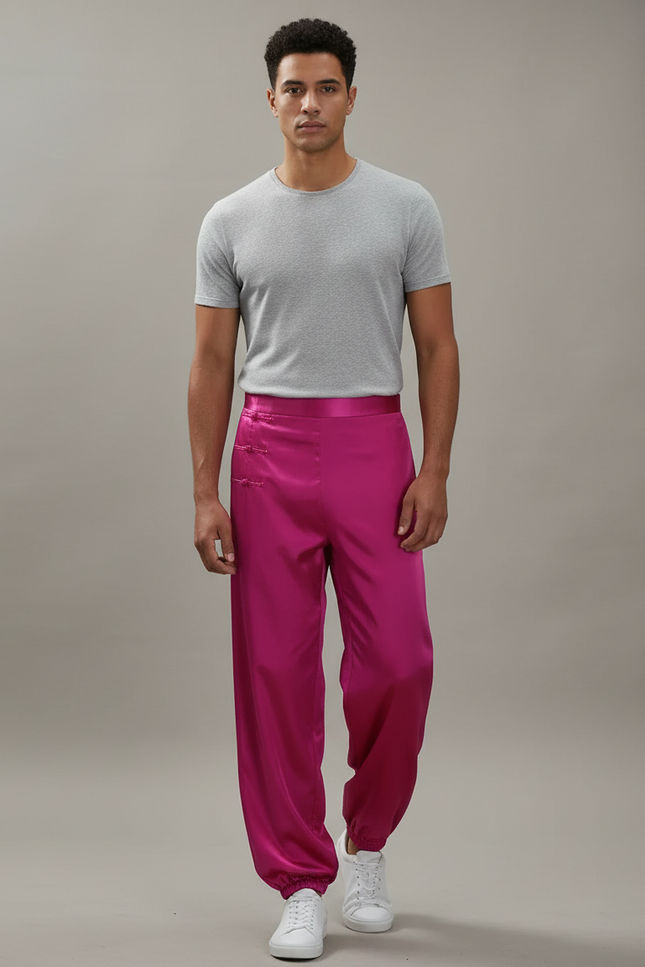 Pantalon Chinois Fuchsia Satiné Ample Élastiqué Homme - Rose