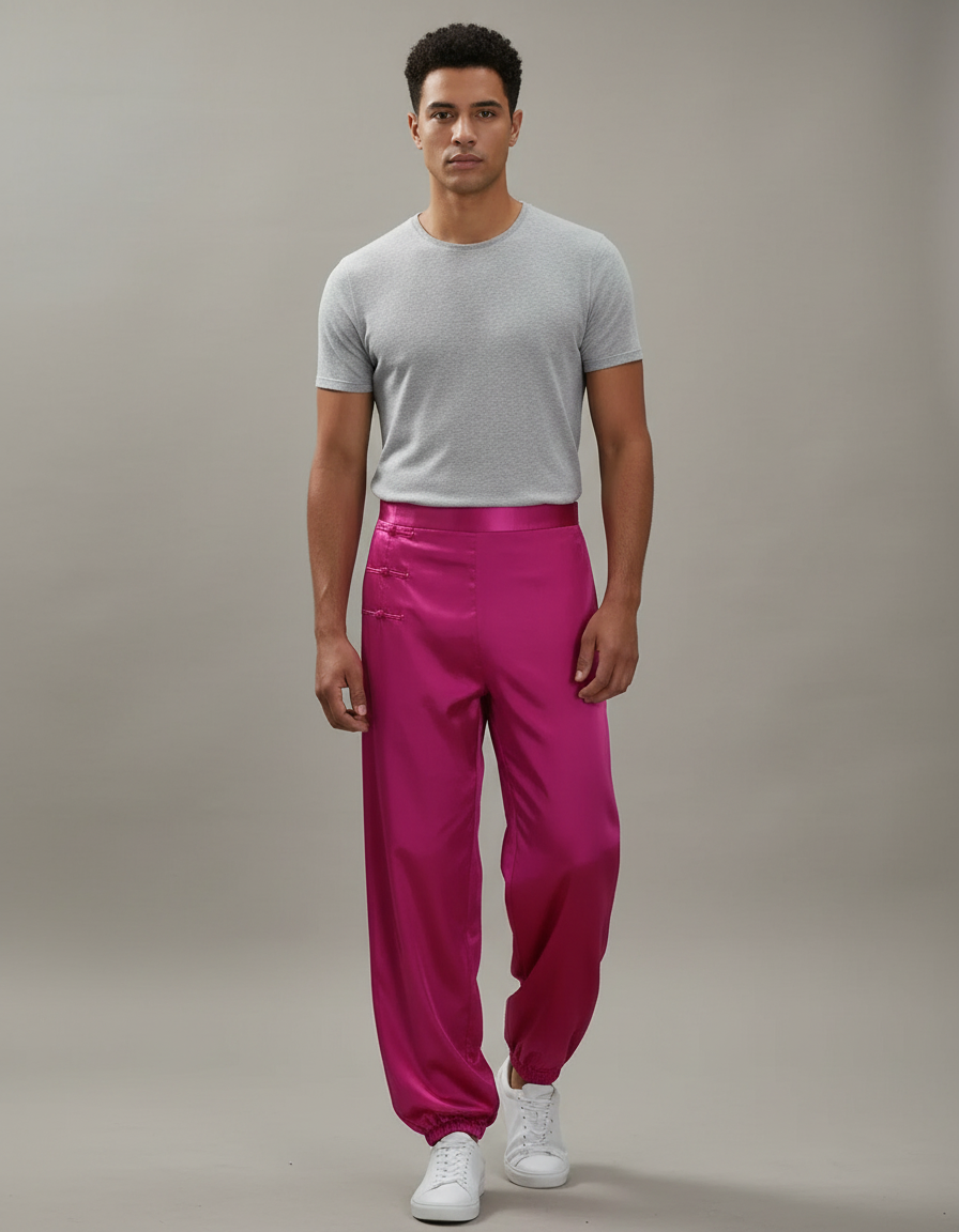 Pantalon Chinois Fuchsia Satiné Ample Élastiqué Homme - Rose