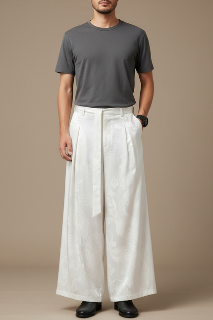 Pantalon Chinois Blanc Ample Jacquard Dragon Soie Ceinturé