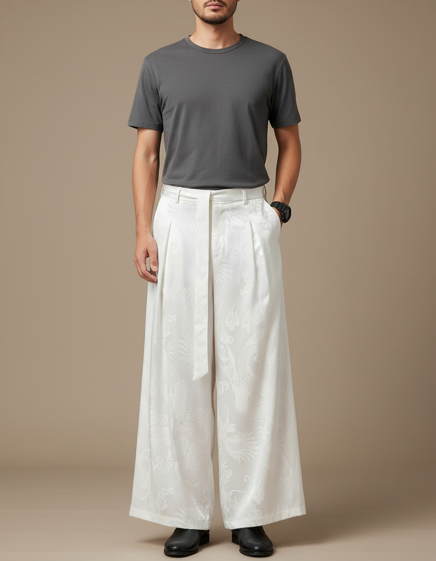 Pantalon Chinois Blanc Ample Jacquard Dragon Soie Ceinturé