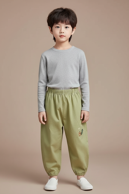 Pantalon Chinois Vert Ample Coton Brodé Enfant Décontracté