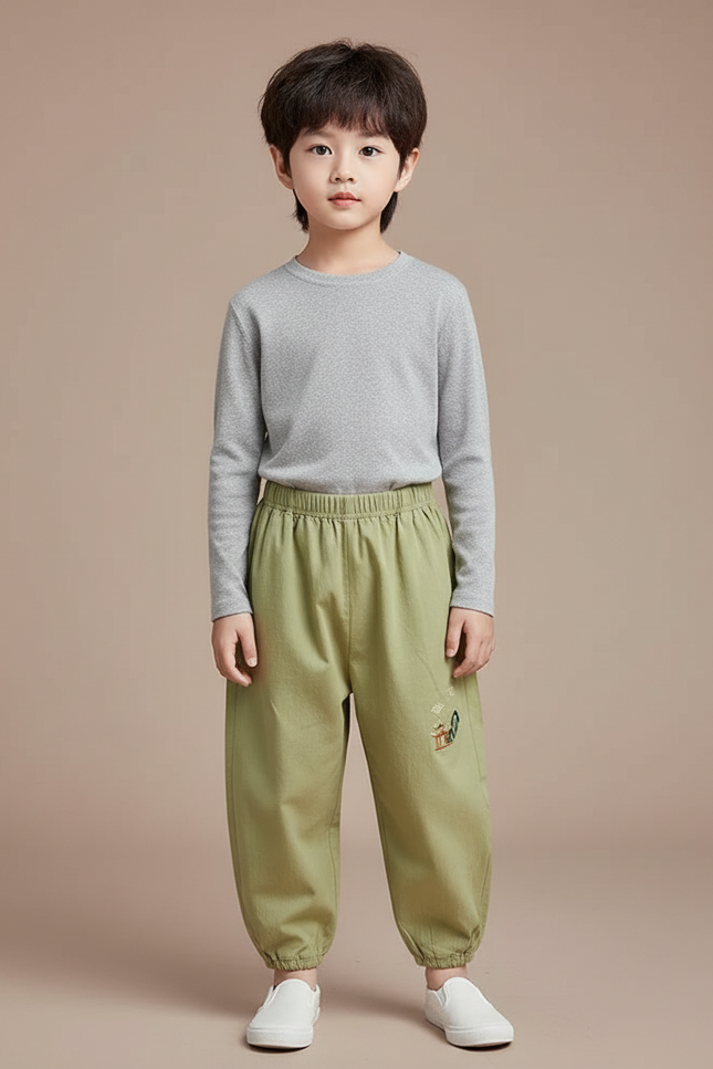 Pantalon Chinois Vert Ample Coton Brodé Enfant Décontracté