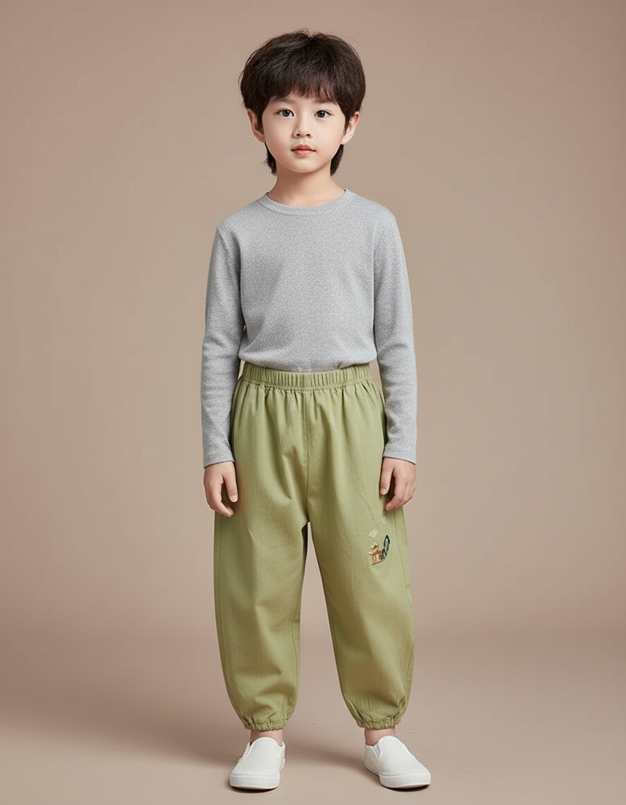 Pantalon Chinois Vert Ample Coton Brodé Enfant Décontracté