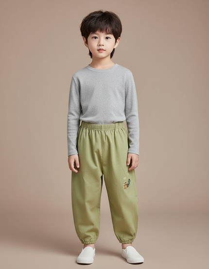 Pantalon Chinois Vert Ample Coton Brodé Enfant Décontracté