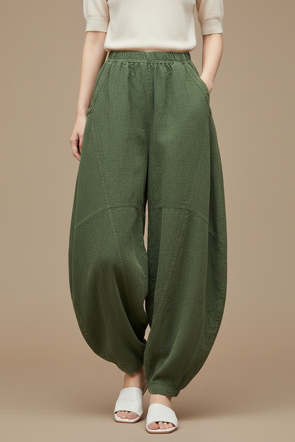 Pantalon Chinois Vert Armée Lin Ample Confortable