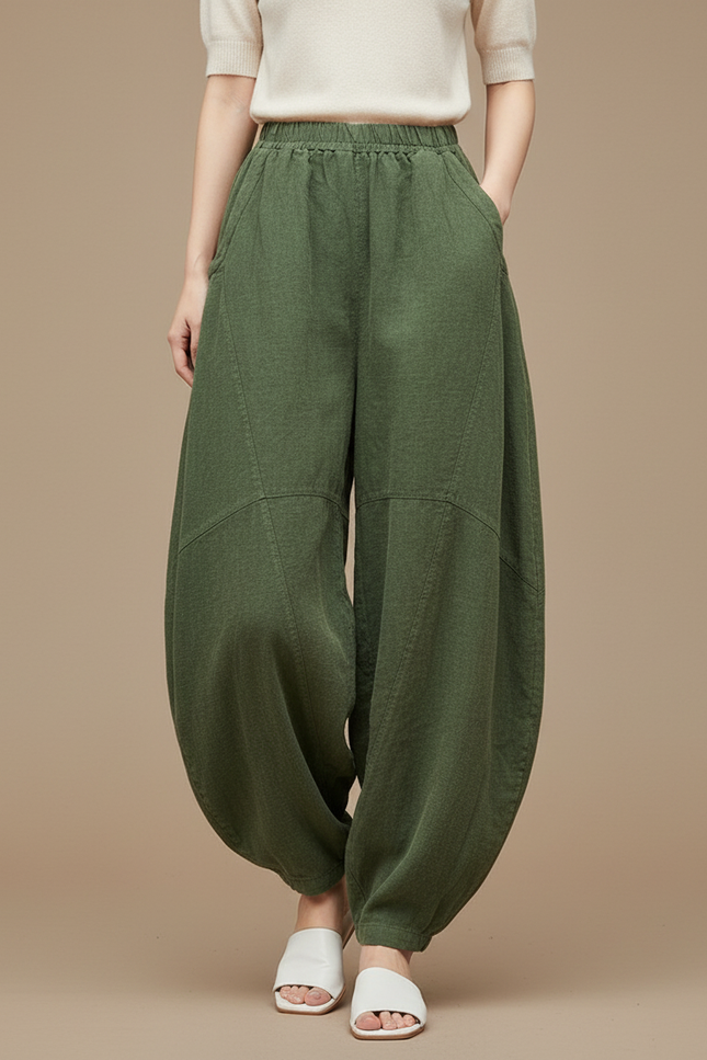 Pantalon Chinois Vert Armée Lin Ample Confortable