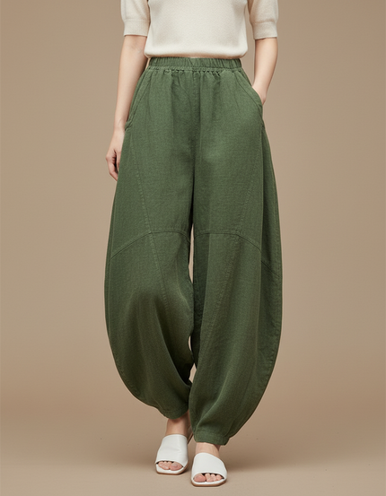 Pantalon Chinois Vert Armée Lin Ample Confortable