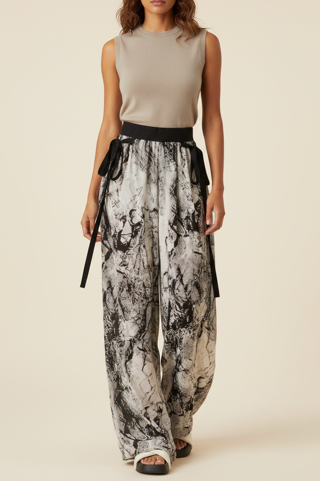 Pantalon Chinois Imprimé Encre Fluide Ample Noué Femme - Viscose