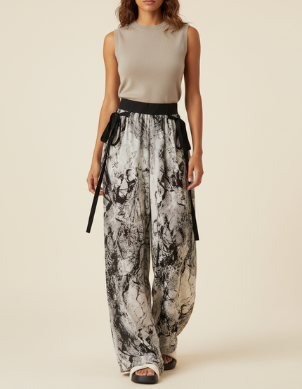 Pantalon Chinois Imprimé Encre Fluide Ample Noué Femme - Viscose