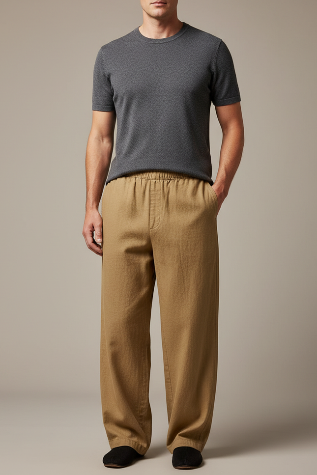 Pantalon Chinois Kaki Ample Coton Lin Homme Décontracté