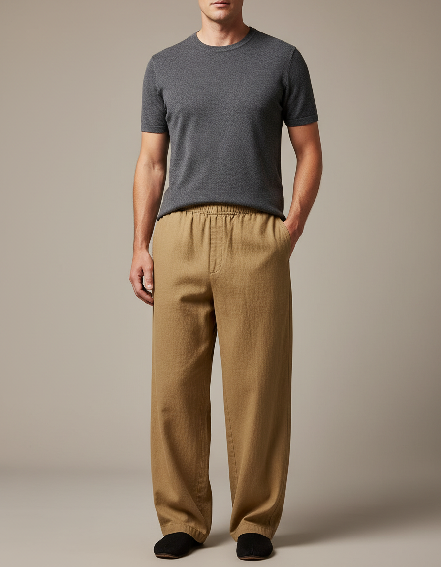 Pantalon Chinois Kaki Ample Coton Lin Homme Décontracté