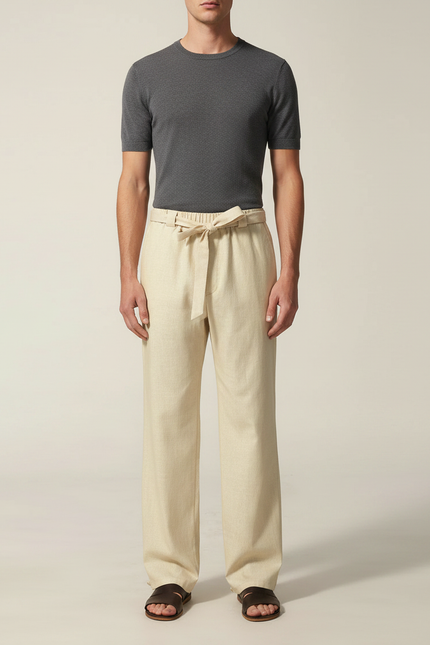 Pantalon Chinois Lin Beige Ample Taille Élastique