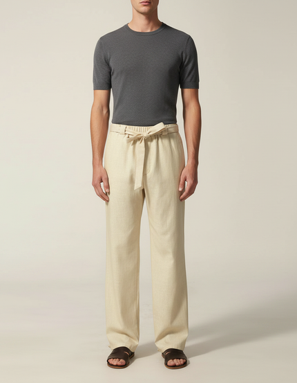 Pantalon Chinois Lin Beige Ample Taille Élastique